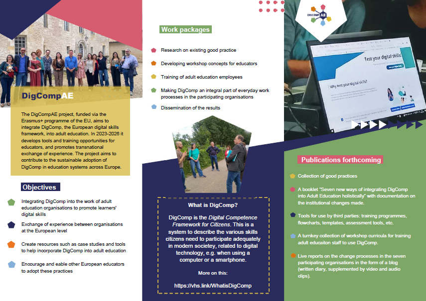 The project flyer summarizes the aims and work plan of the DigCompAE project. 